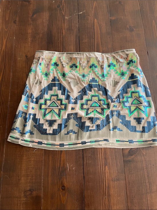 Express Dresses & Skirts - Express Beaded Mini Skirt - Beige with Blue & Green Sequins